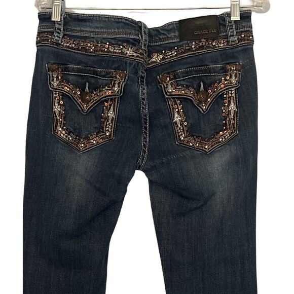 Grace in LA Jeans Womens Size 30" Blue Bootcut Sequin Embroider Mid Rise Dark - Picture 6 of 11